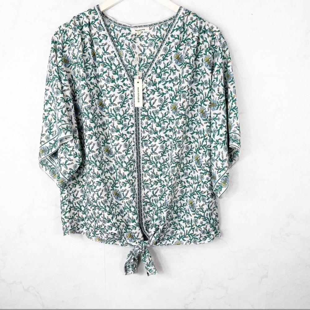Max Studio Leafy Green and White Tie-Front Blouse